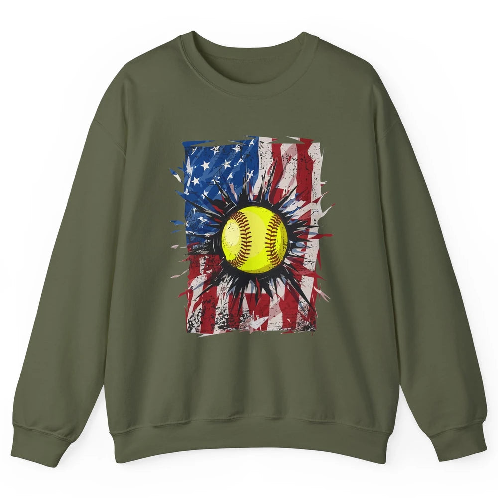 Retro US Flag Softball July 4th Baseball Players Patriotic Unisex Crewneck Sweatshirt