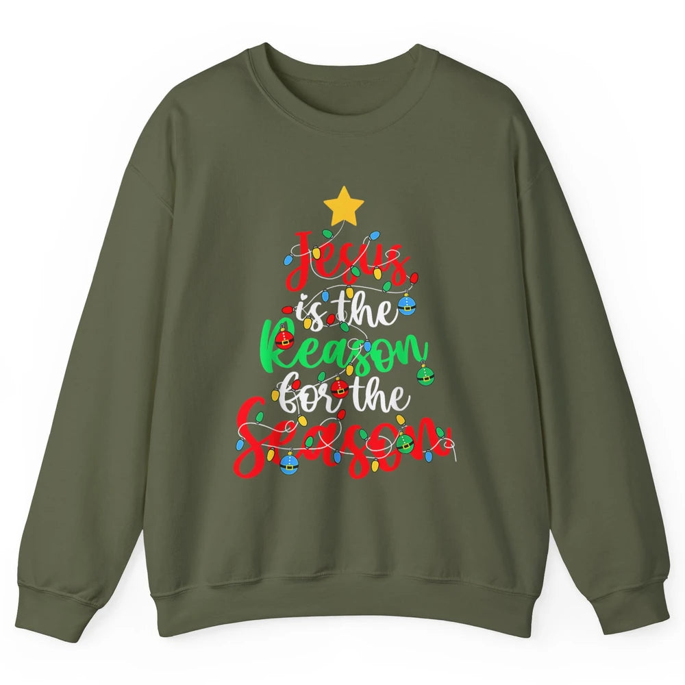 Merry Christmas Jesus The Reason For Season Xmas Tree Lights Unisex Crewneck Sweatshirt