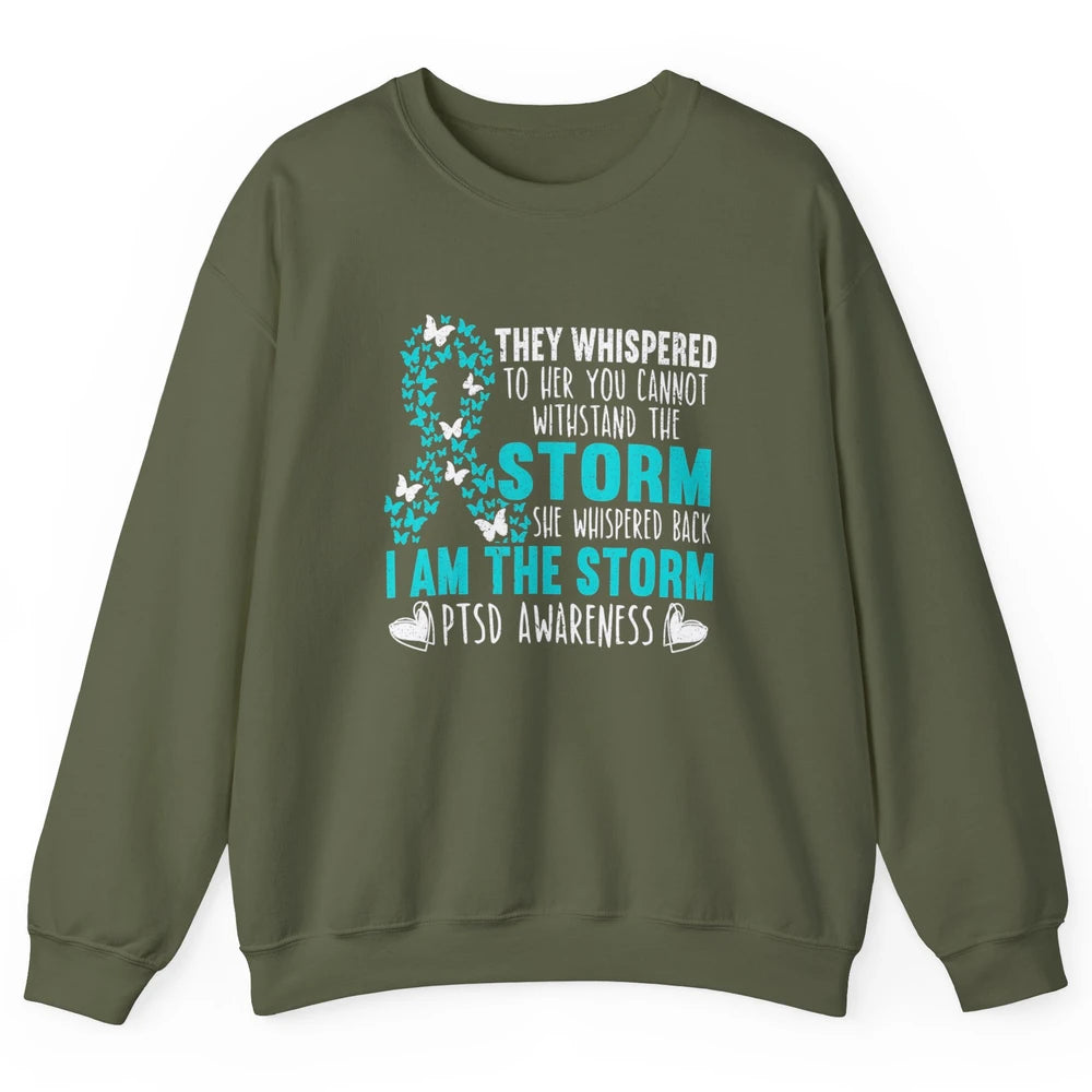 Teal Ribbon Butterfly The Storm Warrior PTSD Awareness Month Unisex Crewneck Sweatshirt