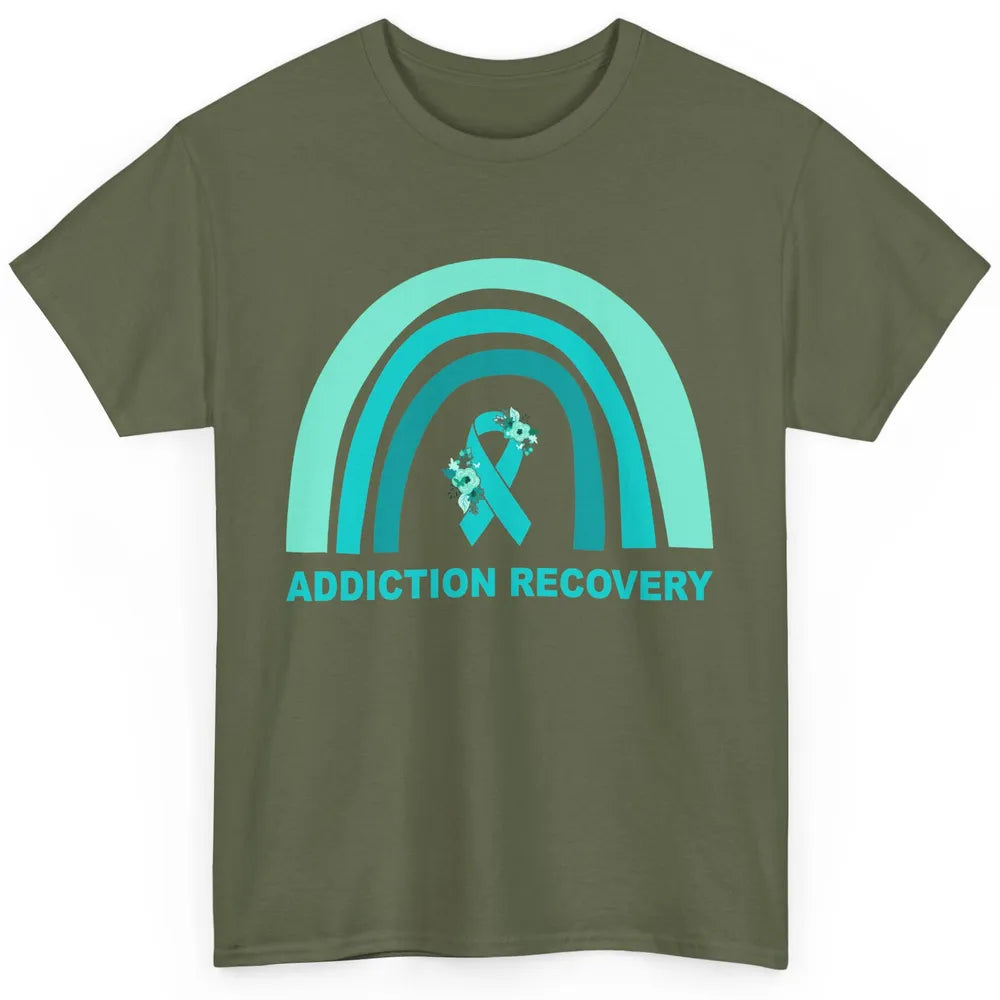 Addiction Recovery Awareness Floral Teal Ribbon Rainbow Classic Unisex T-Shirt