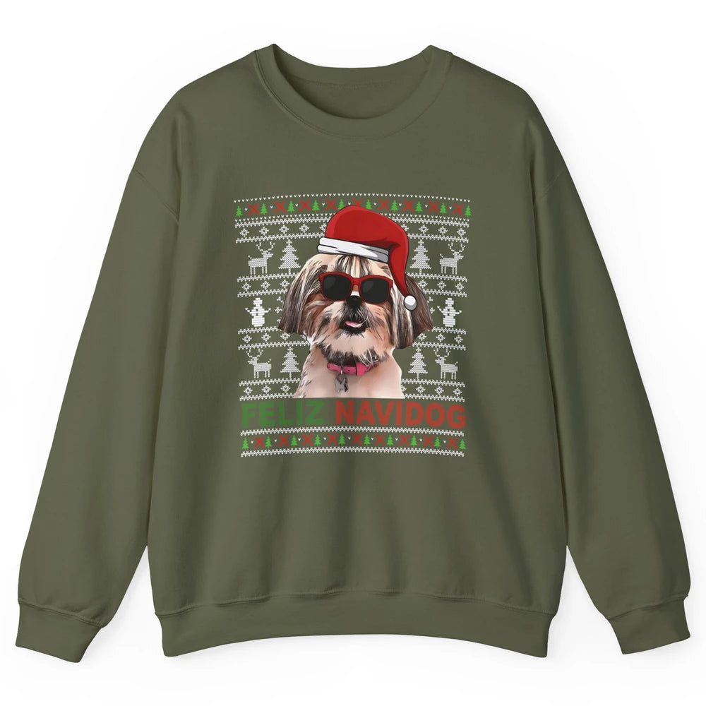 Funny Santa Shih Tzu Dog Feliz Navidog Christmas Tree Ugly Unisex Crewneck Sweatshirt