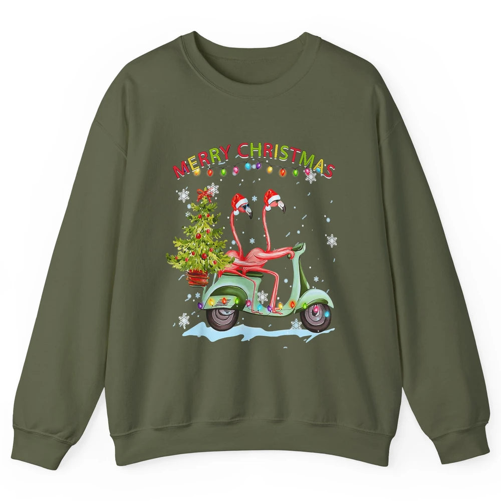 Merry Christmas Flamingos Santa Hat Xmas Lights Motorbike Unisex Crewneck Sweatshirt