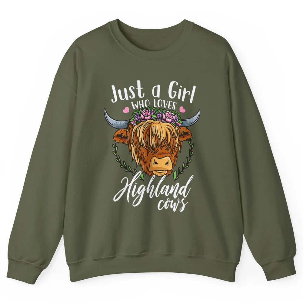 Vintage Just Girl Loves Highland Cow Floral Western Animal Unisex Crewneck Sweatshirt