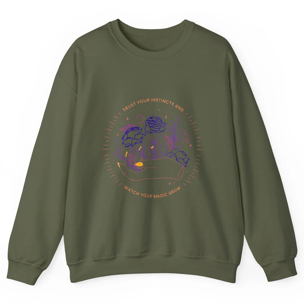 Watch Magic Grow Mystical Moon Witchy Hand Floral Rose Goth Unisex Crewneck Sweatshirt