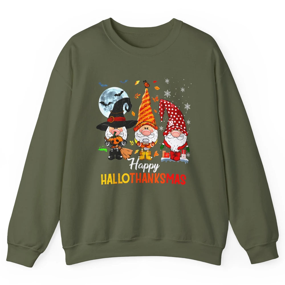 Funny Pumpkin Gnomes Hallo-thank-mas Thanksgiving Christmas Unisex Crewneck Sweatshirt