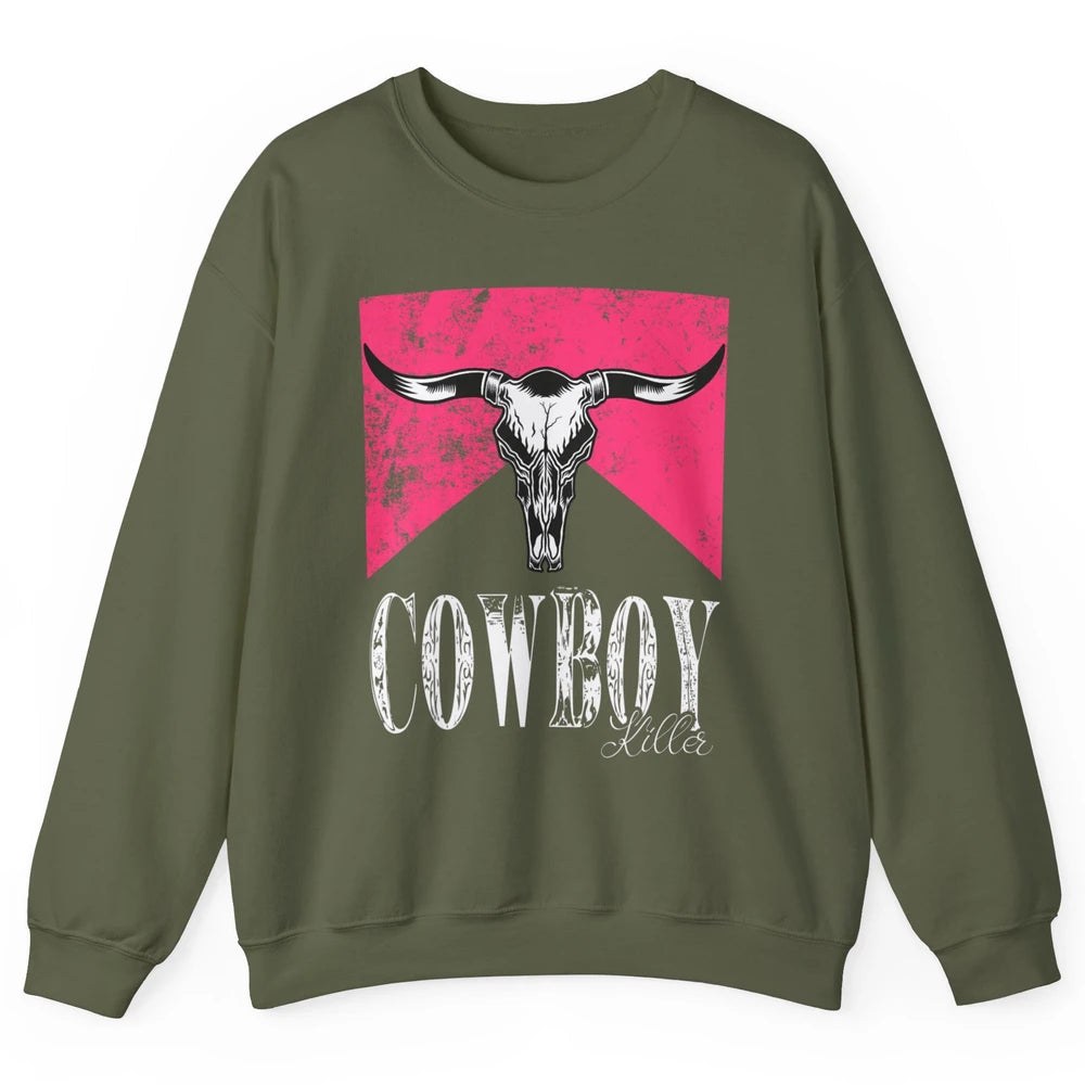 Western Cowboy Bull Skull Pink Southern Country Killer Retro Unisex Crewneck Sweatshirt