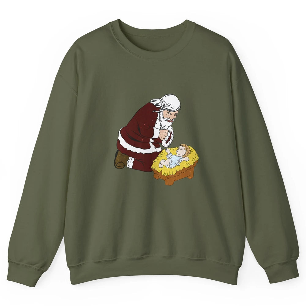 Merry Christmas Kneeling Santa Claus With Baby Jesus Xmas Unisex Crewneck Sweatshirt