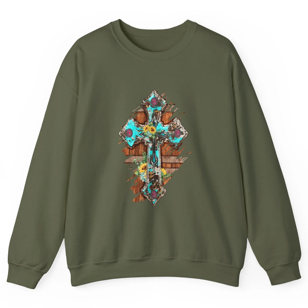 Western Country Boho Christian Turquoise Leopard Faith Cross Unisex Crewneck Sweatshirt