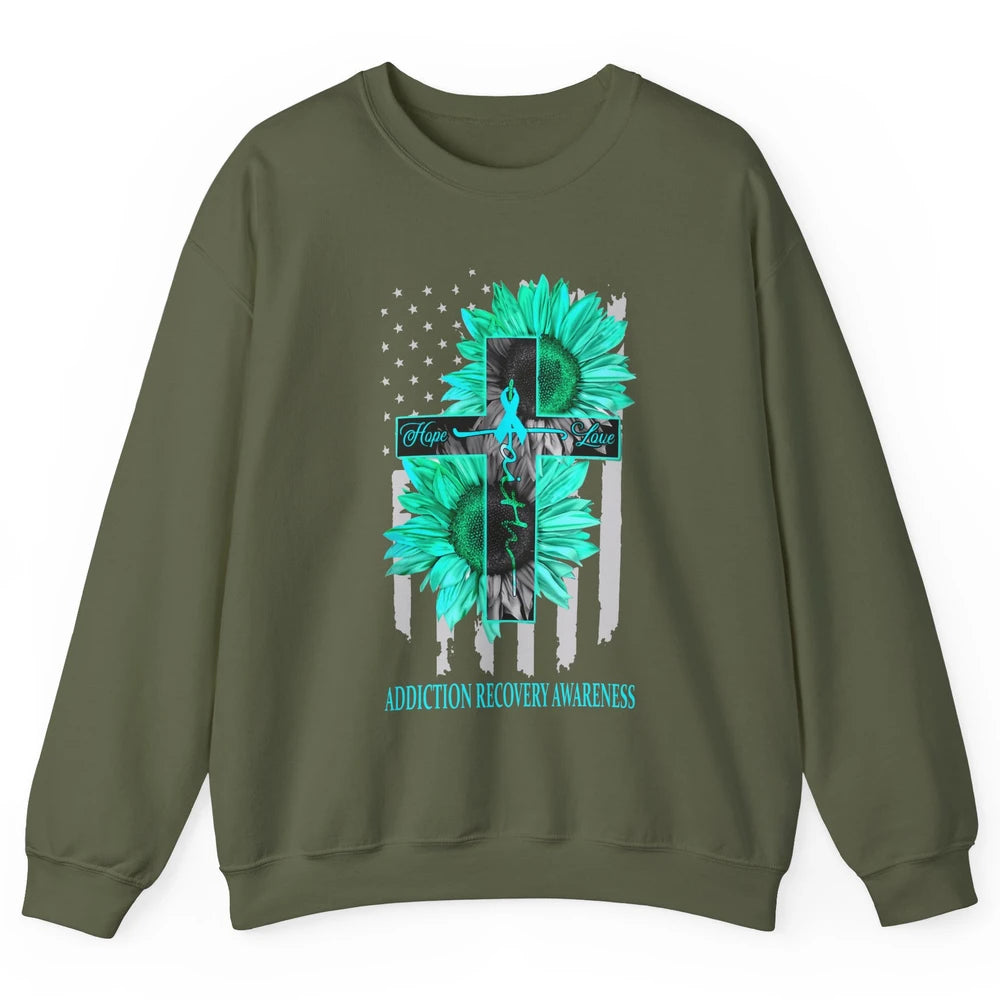 Addiction Recovery Faith Hope Love Teal US Flag Jesus Cross Unisex Crewneck Sweatshirt