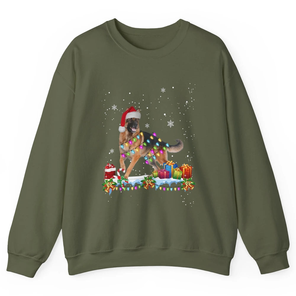 Merry Christmas German Shepherd Dog Santa Hat Xmas Lights Unisex Crewneck Sweatshirt