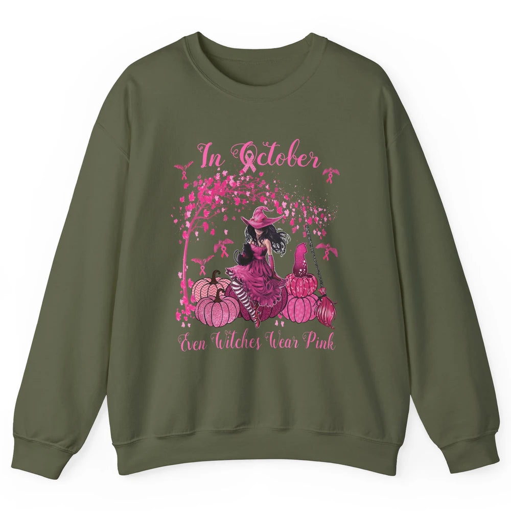 Breast Cancer In October Even Witches Wear Pink Ribbon Fall Unisex Crewneck Sweatshirt