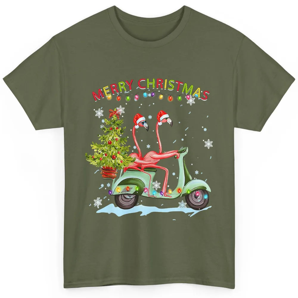 Merry Christmas Flamingos Santa Hat Xmas Lights Motorbike Classic Unisex T-Shirt