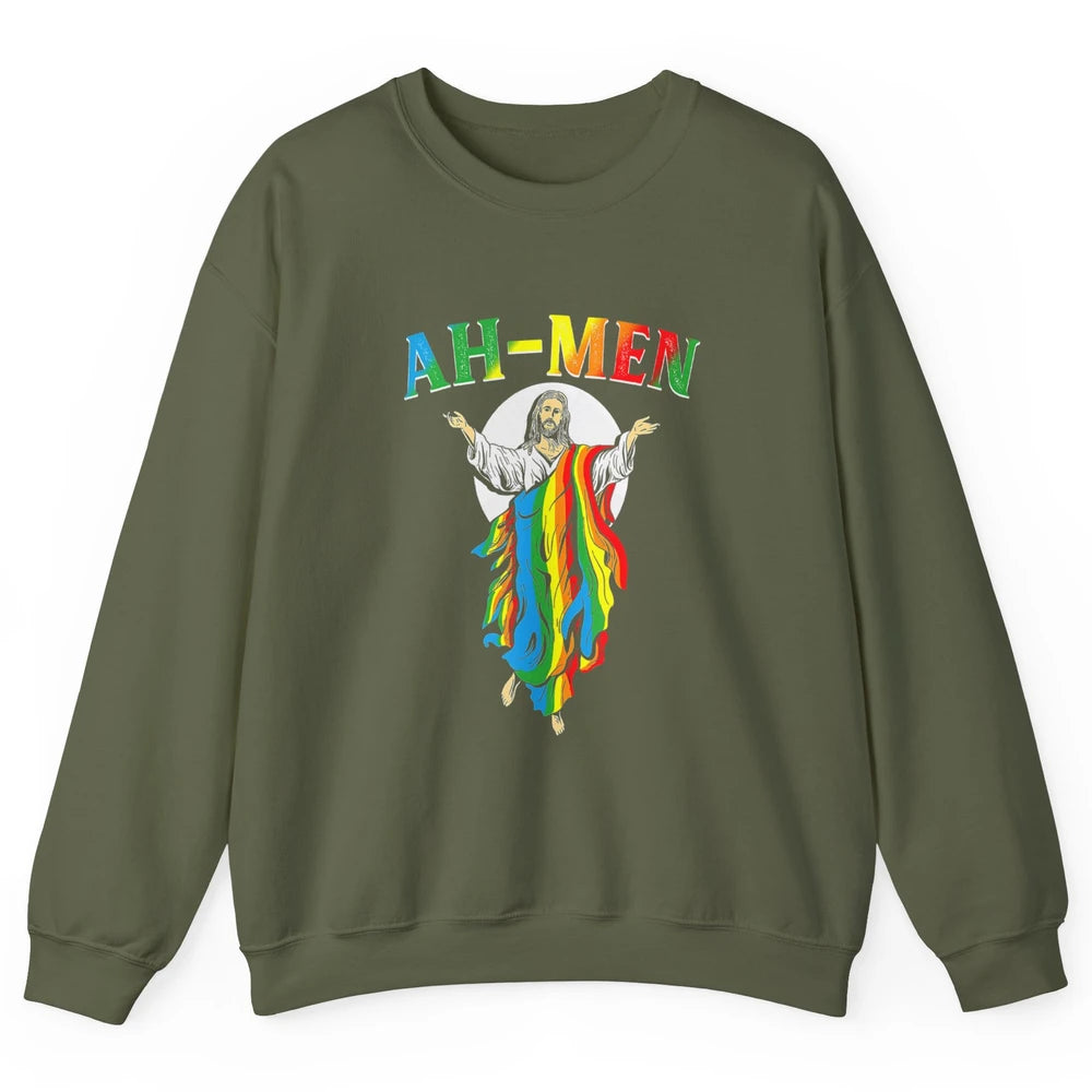 Ah Men LGBT Gay Pride Jesus Christian God Rainbow Flag Love Unisex Crewneck Sweatshirt