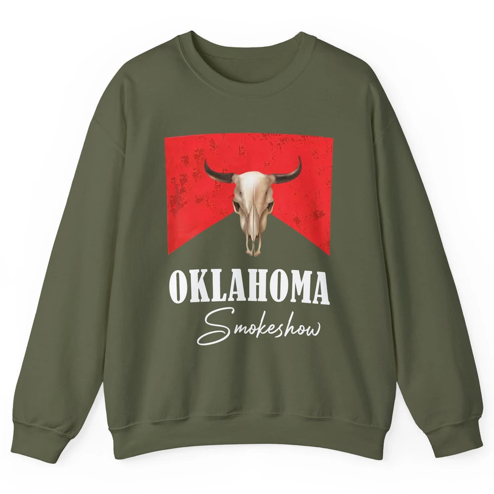 Boho Bull Skull Cow Print Oklahoma Smokeshow Western Country Unisex Crewneck Sweatshirt