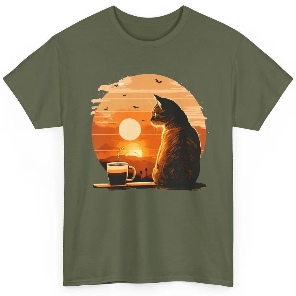 Coffee Cat And Vintage Sunset Love Drinking Coffee At Sunset Classic Unisex T-Shirt