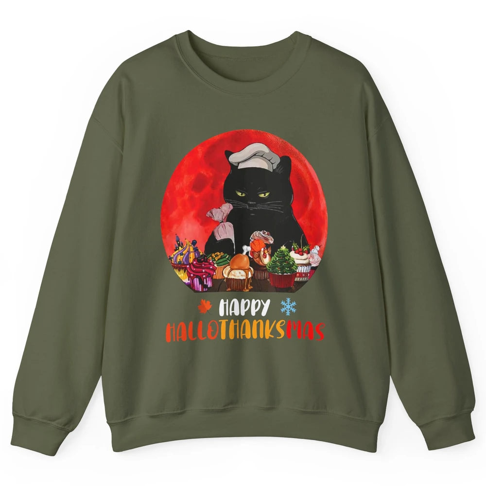 Black Cat Happy Hallothanksmas Baker Cat Halloween Christmas Unisex Crewneck Sweatshirt