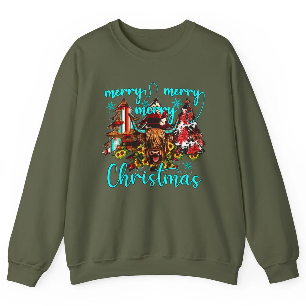 Highland Cow Merry Christmas Heifer Western Country Cowboy Unisex Crewneck Sweatshirt