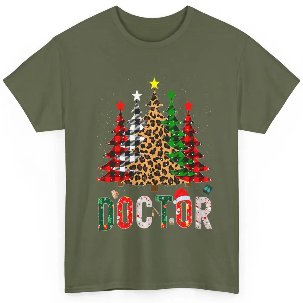 Merry Christmas Doctor Leopard Buffalo Plaid Xmas Pine Tree Classic Unisex T-Shirt