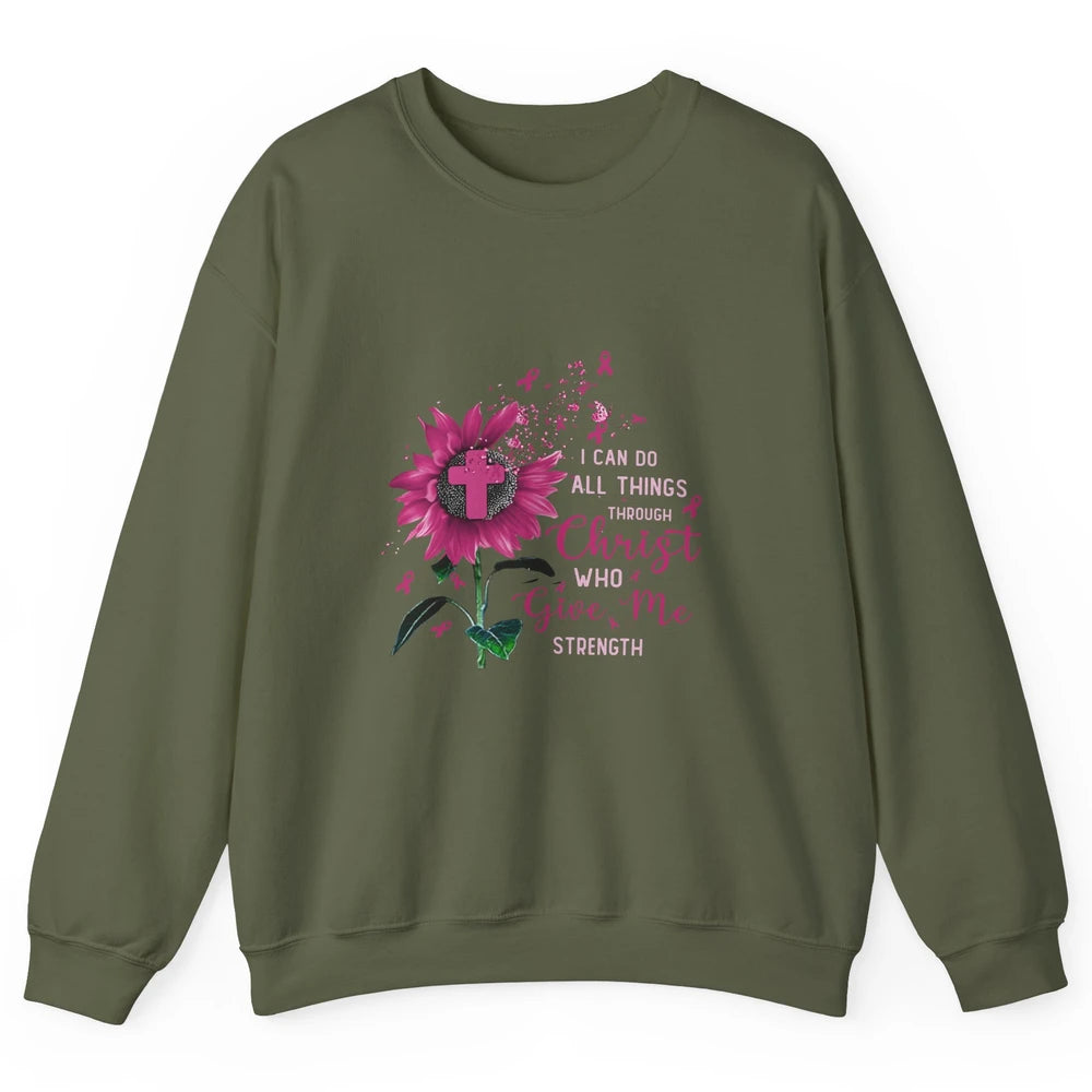 Breast Cancer Month Sunflower God Strength Cross Pink Ribbon Unisex Crewneck Sweatshirt