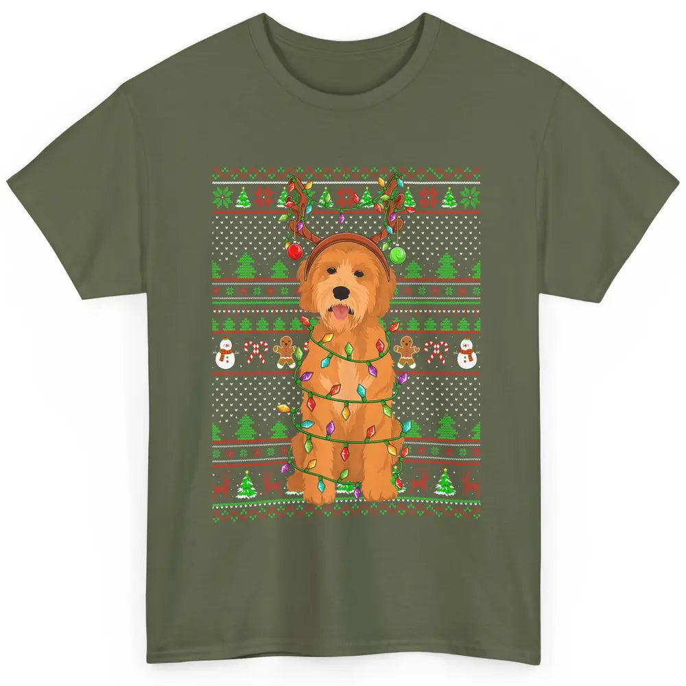 Merry Christmas Golden Doodle Dog Reindeer Xmas Lights Ugly Classic Unisex T-Shirt