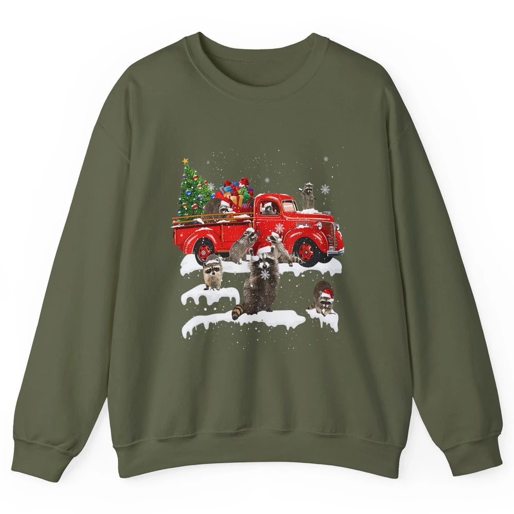 Funny Red Truck Raccoon Xmas Tree Lights Merry Christmas Unisex Crewneck Sweatshirt