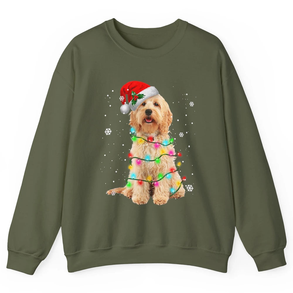 Merry Christmas Golden Doodle Dog Santa Hat Xmas Tree Lights Unisex Crewneck Sweatshirt