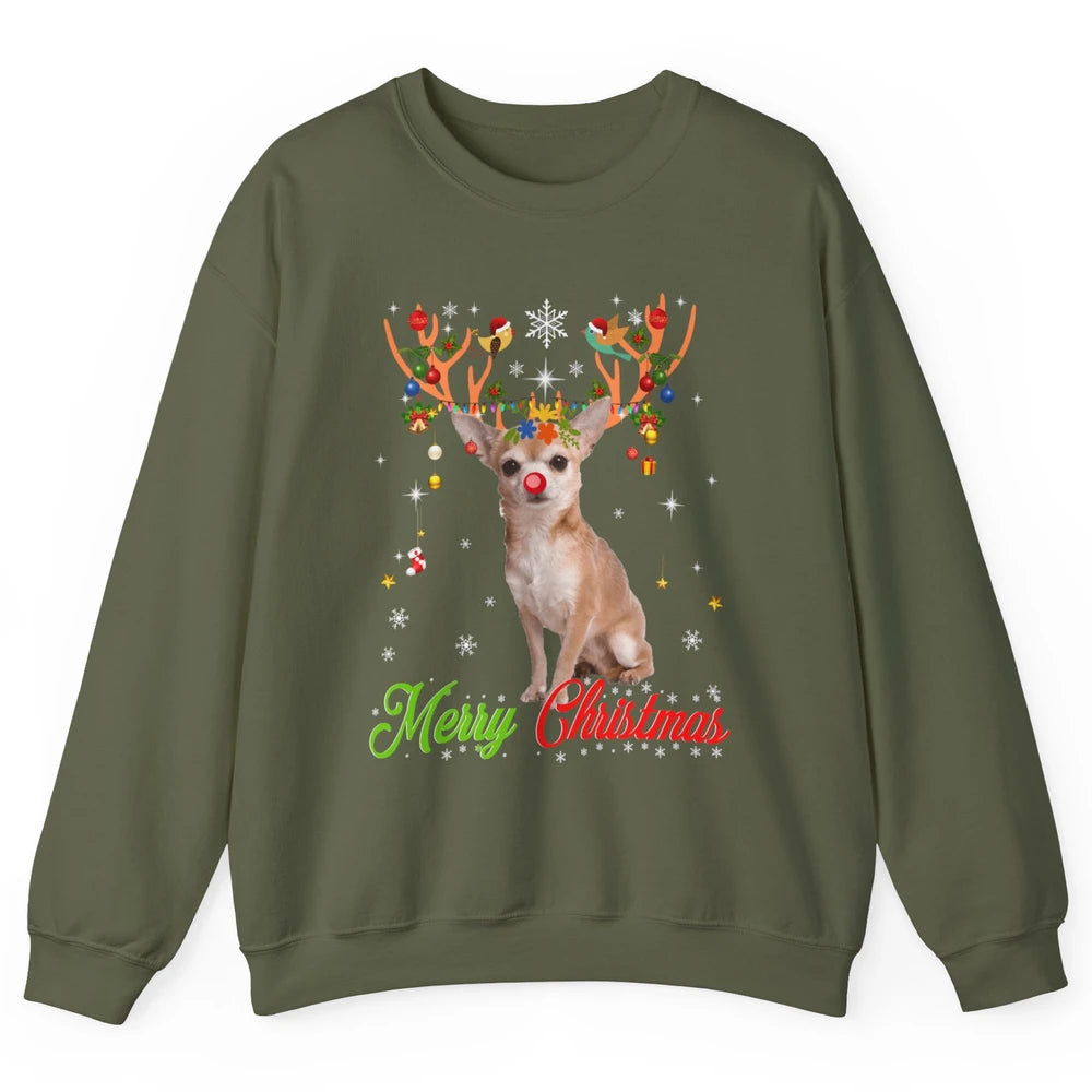 Merry Christmas Chihuahua Dog Santa Hat Xmas Reindeer Lights Unisex Crewneck Sweatshirt