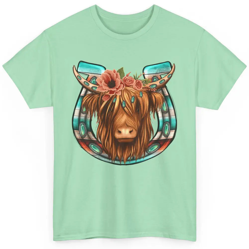 Floral Highland Cow Heifer Horseshoe Western Country Cowboy Classic Unisex T-Shirt