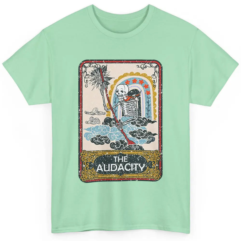 Retro Skeleton Riding Clouds Rainbow The Audacity Tarot Card Classic Unisex T-Shirt