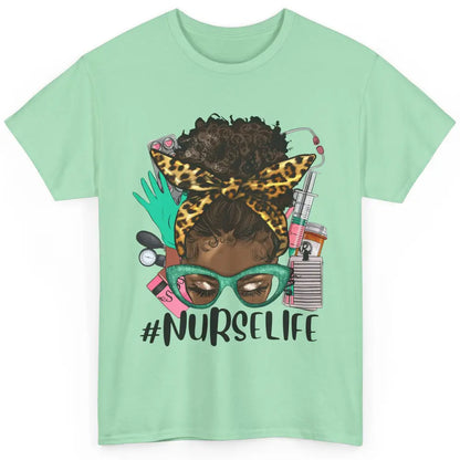 Afro Nurse Messy Bun Hair Black Melanin Nurse Life Leopard Classic Unisex T-Shirt