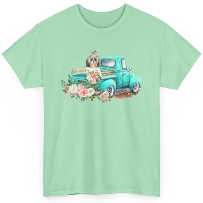 Cute Shih Tzu On Teal Truck Dog Lovers Retro Truck Christmas Classic Unisex T-Shirt