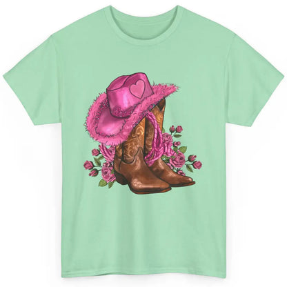 Floral Pink Cowgirl Boots And Hat Valentines Western Country Classic Unisex T-Shirt