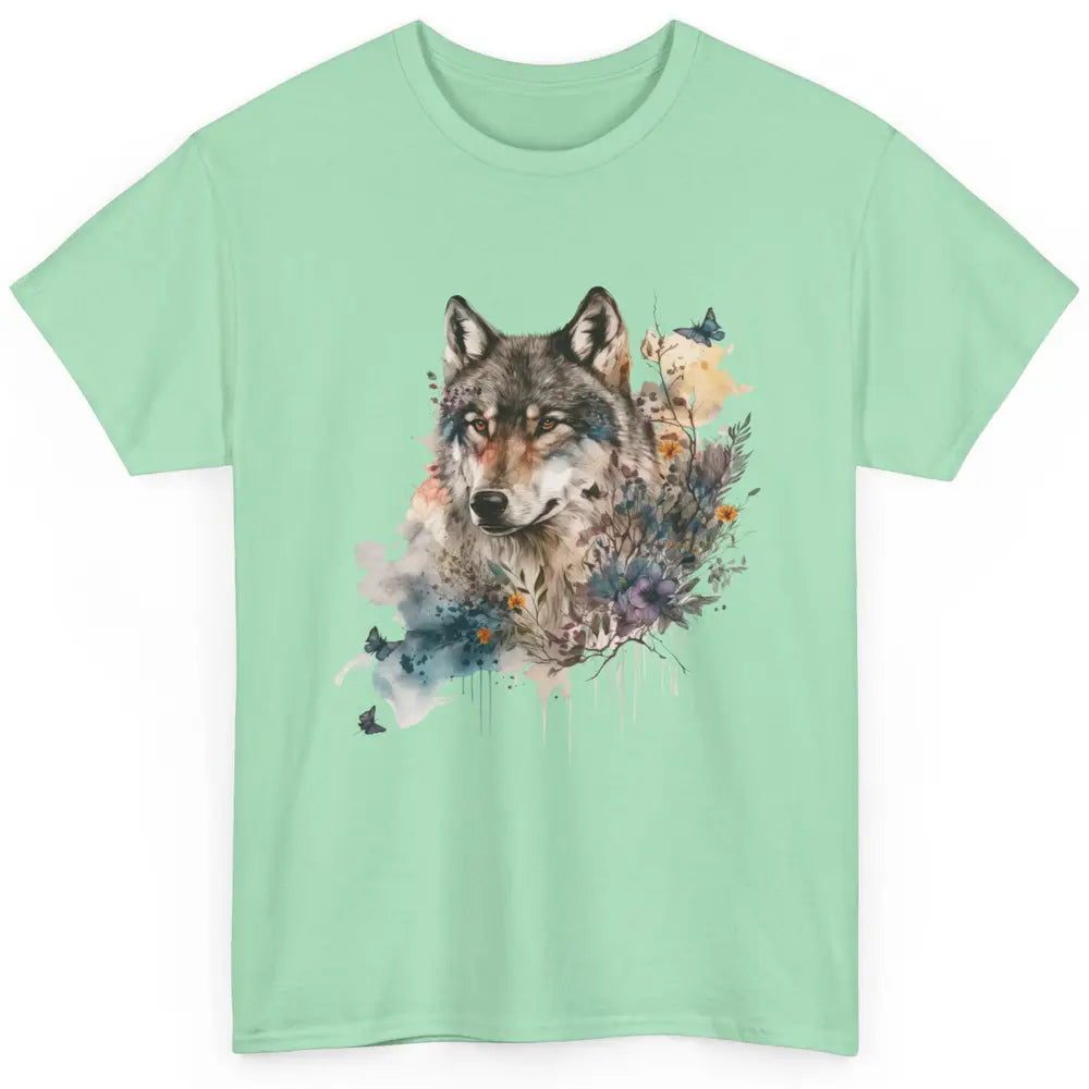 Watercolor Wolf Face Howl Butterfly Wolves Wild Animal Retro Classic Unisex T-Shirt