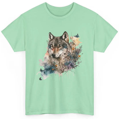 Watercolor Wolf Face Howl Butterfly Wolves Wild Animal Retro Classic Unisex T-Shirt