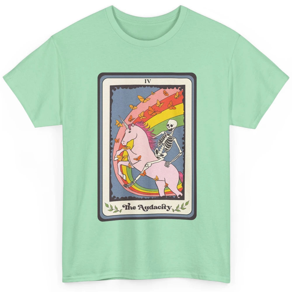 Retro Skeleton Rides Unicorn The Audacity Tarot Card Rainbow Classic Unisex T-Shirt