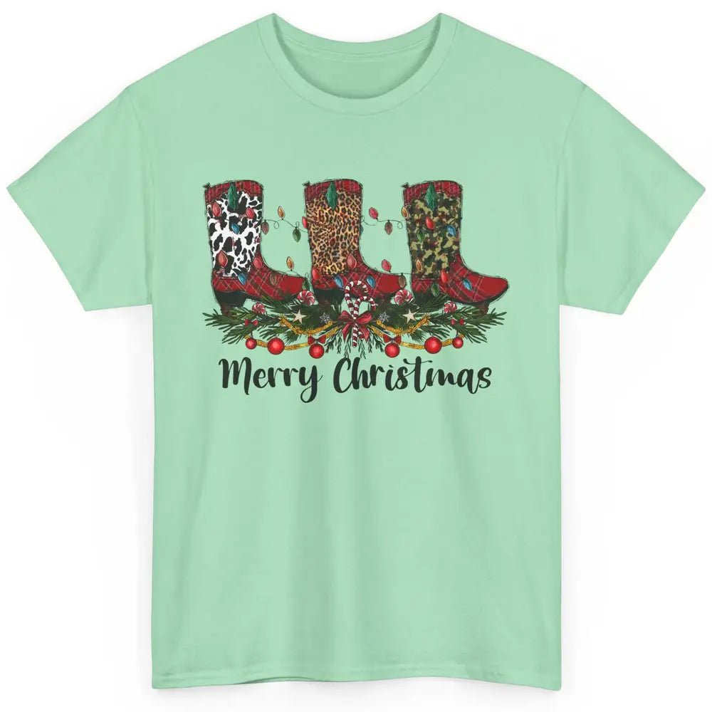 Christmas Cowboy Boots Santa Boots Leopard Western Christmas Classic Unisex T-Shirt