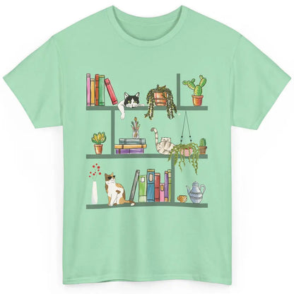 Funny Cats Lying On Floral Bookshelf Book Kitten Minimalist Classic Unisex T-Shirt