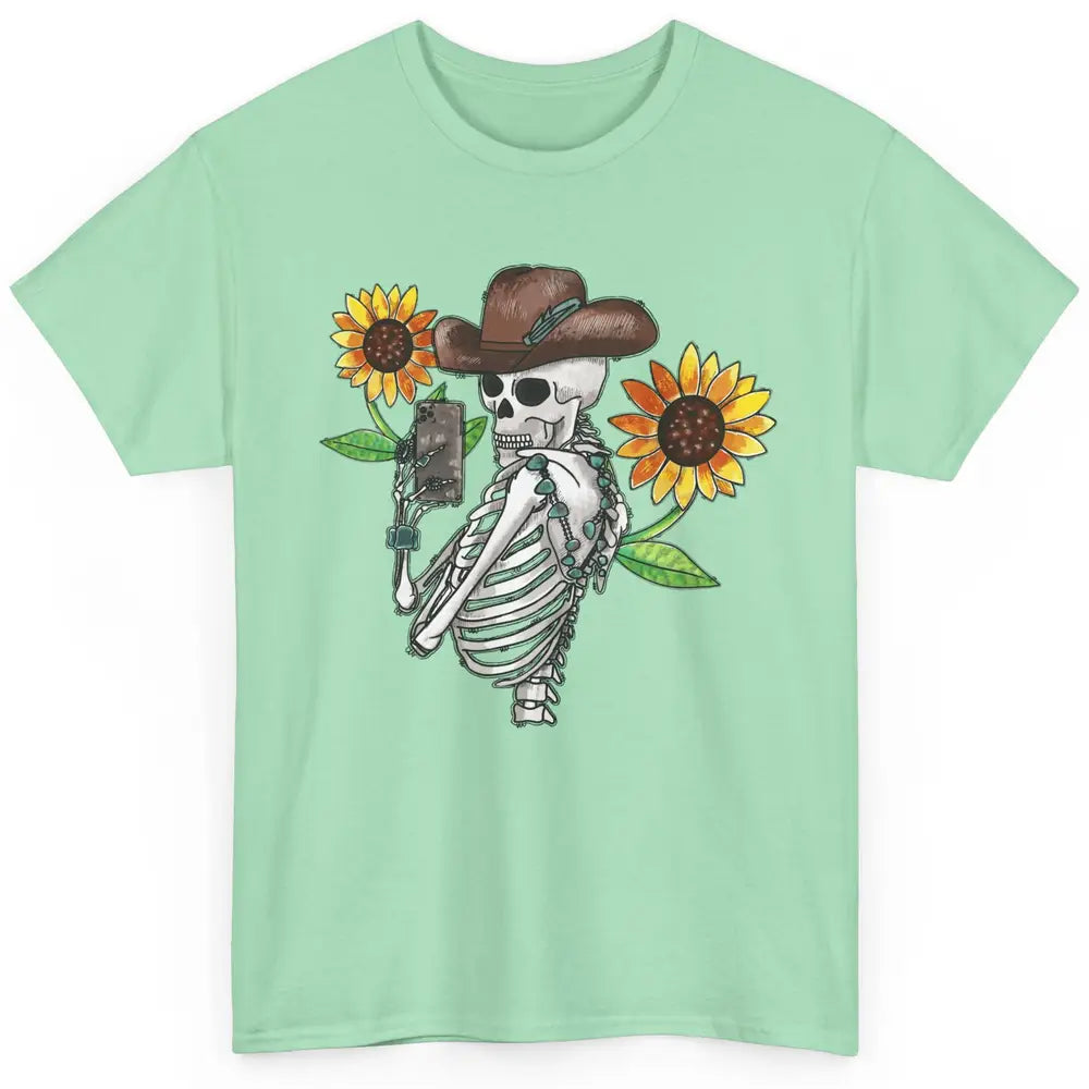 Western Cowboy Hat Skeleton Sunflower Funny Skeleton Selfie Classic Unisex T-Shirt