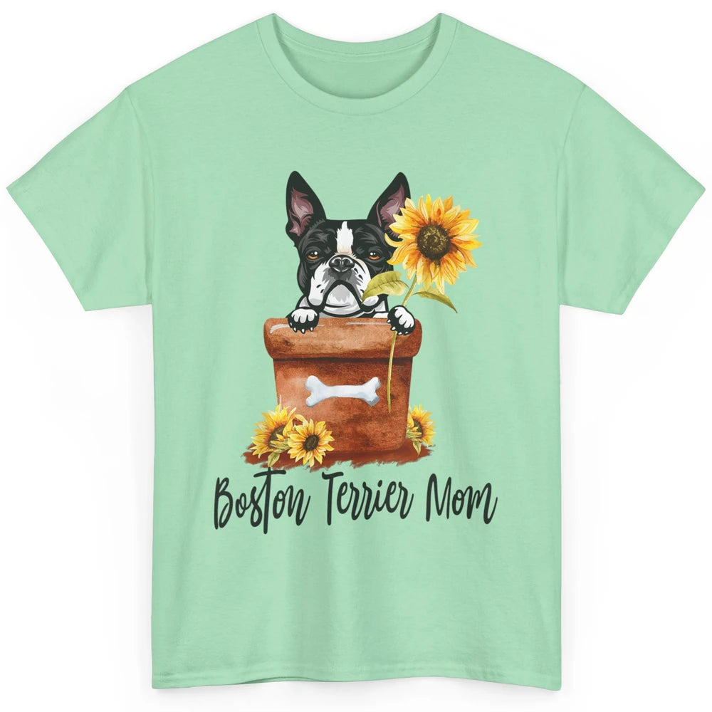 Funny Boston Terrier Dog Face Sunflowers Puppy Dog Mom Mama Classic Unisex T-Shirt