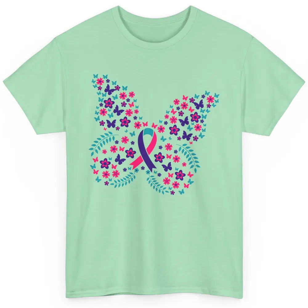 Floral Butterfly Teal Pink Warrior Thyroid Cancer Awareness Classic Unisex T-Shirt