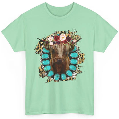 Floral Highland Cow Turquoise Western Country Cowboy Leopard Classic Unisex T-Shirt