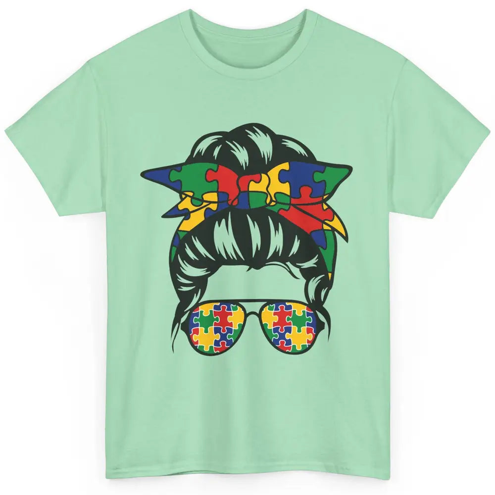 Autism Mom With Bandana Puzzle Autism Ribbon Support Autism Classic Unisex T-Shirt