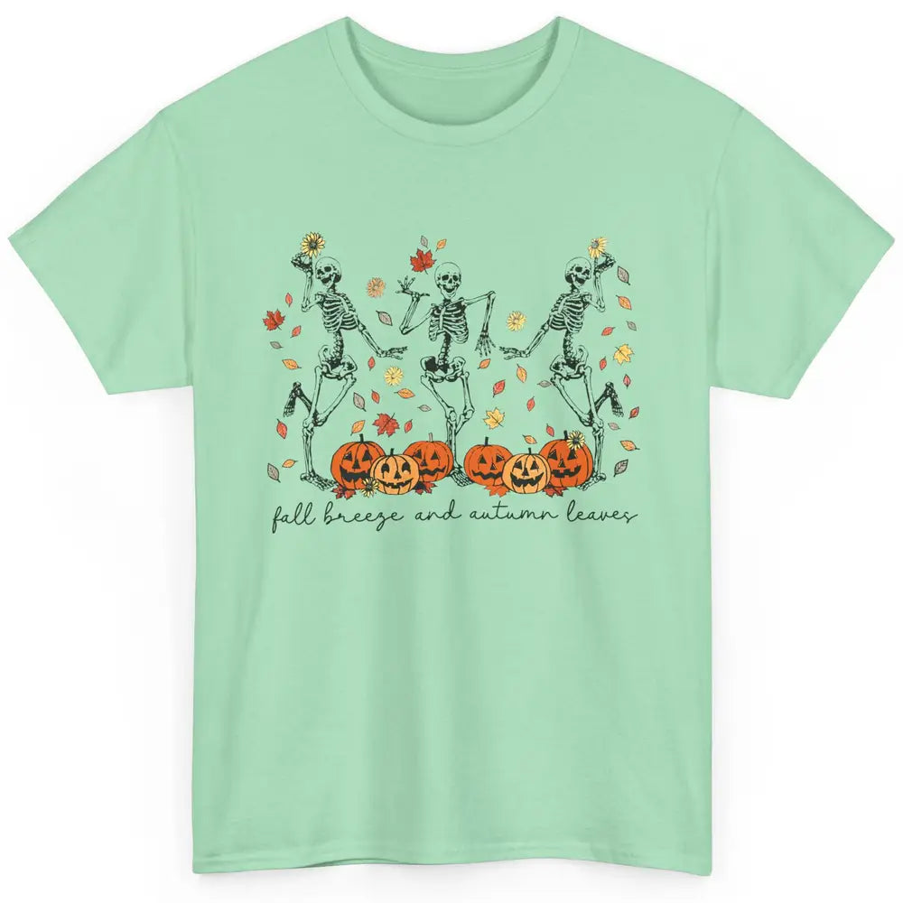 Retro Pumpkin Dancing Skeleton Fall Breeze And Autumn Leaves Classic Unisex T-Shirt