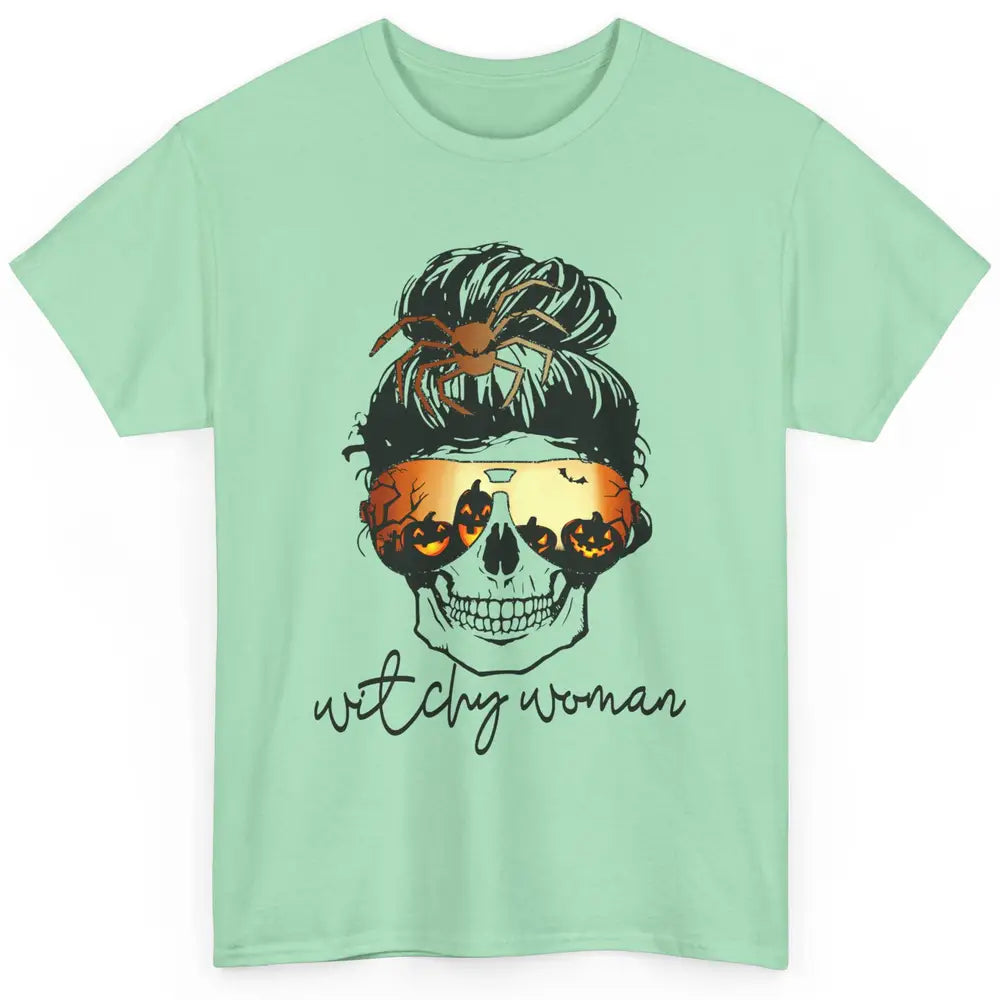 Witchy Woman Messy Bun Hair Skull Halloween Pumpkin Costume Classic Unisex T-Shirt