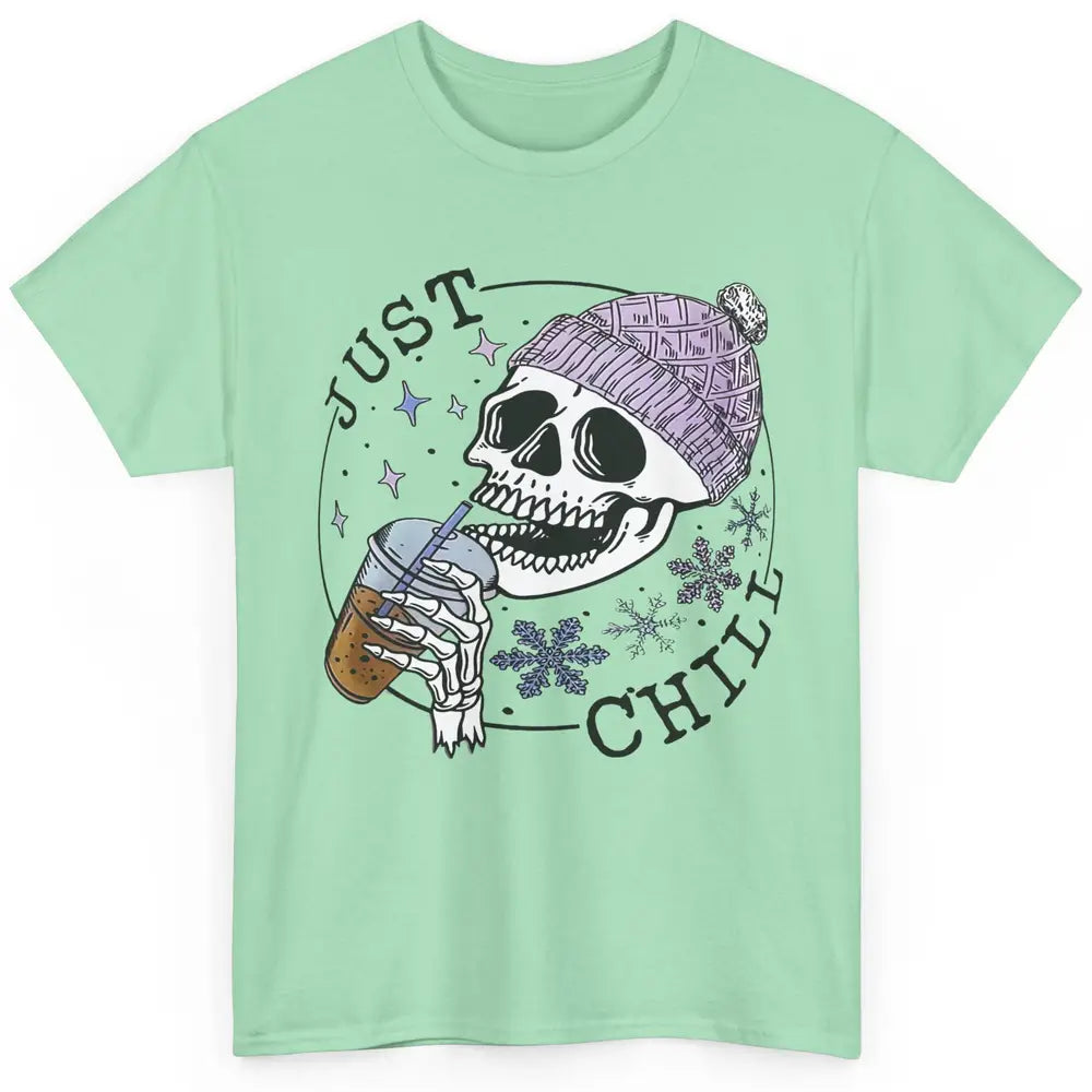 Funny Skeleton Coffee Just Relax Snowflakes Christmas Classic Unisex T-Shirt