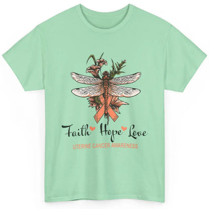 Faith Hope Love Dragonfly Peach Uterine Cancer Awareness Classic Unisex T-Shirt