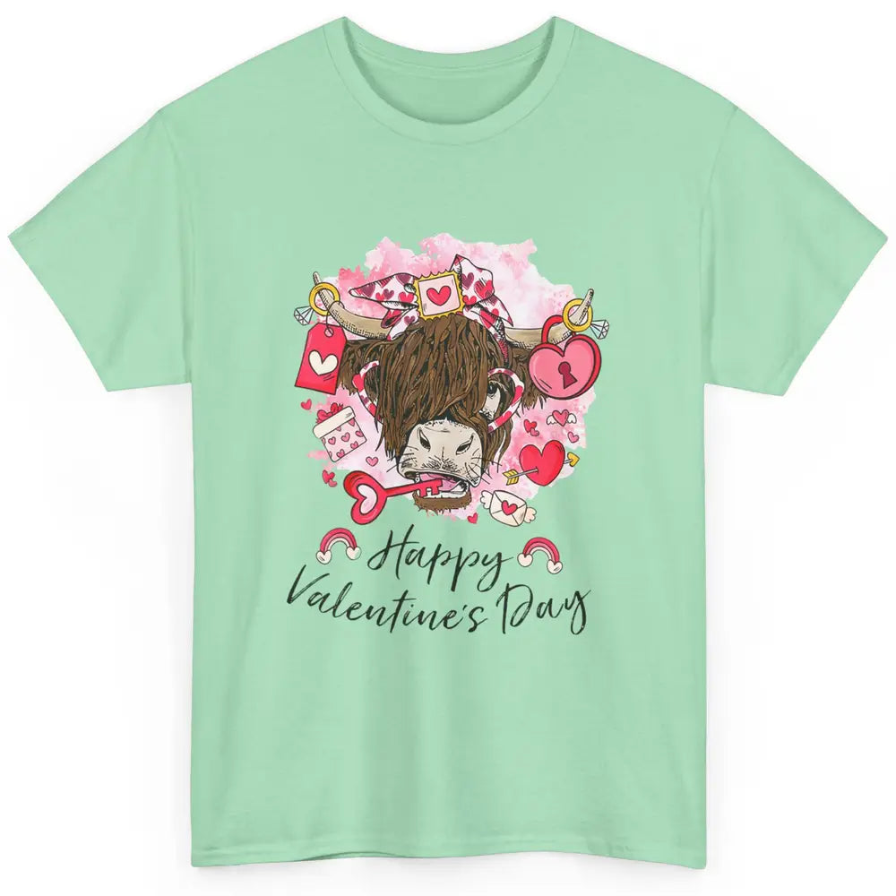 Cute Highland Cow Heart Western Happy Valentine Day Love Classic Unisex T-Shirt