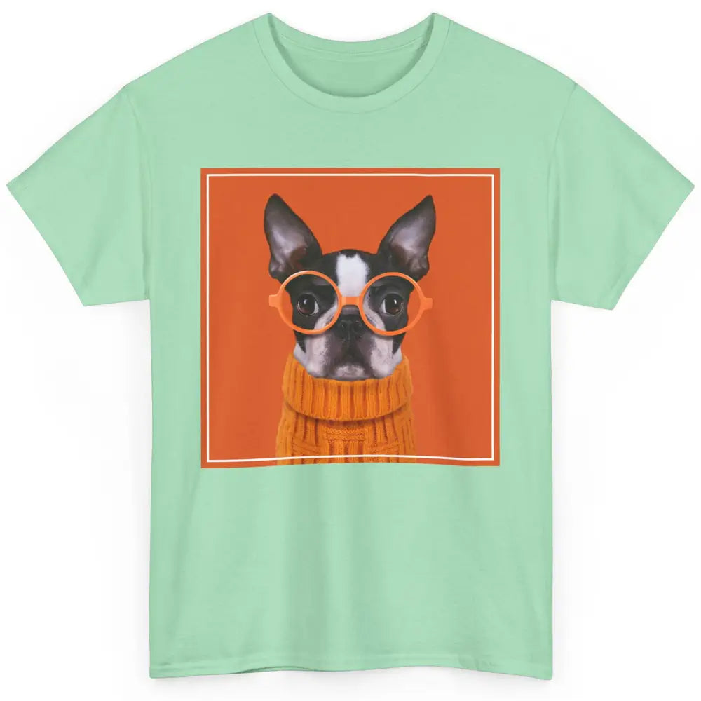 Funny Boston Terrier Face Orange Glasses Dog Nerd Cool Puppy Classic Unisex T-Shirt