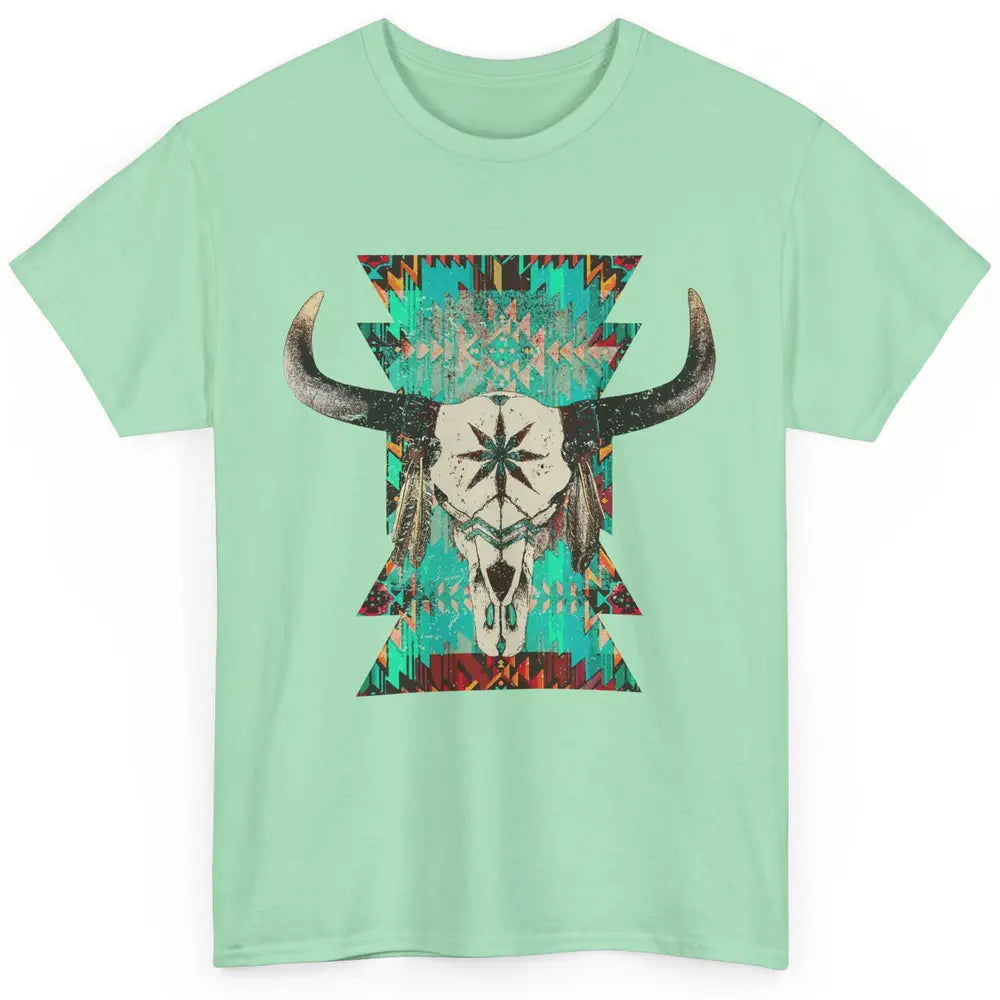 Boho Bull Skull Turquoise Aztec Western Country Rodeo Cowboy Classic Unisex T-Shirt