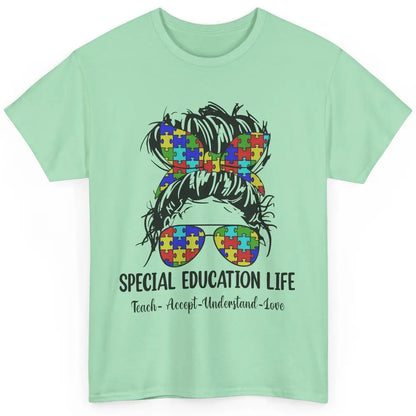 Special Education Teacher Messy Bun Autism Teach Accept Love Classic Unisex T-Shirt